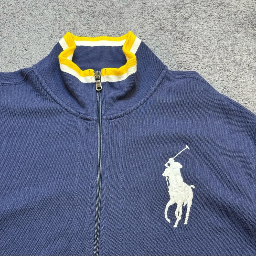 Polo Ralph Lauren Mens XL Navy Blue Big Pony Full Zip Pique Track Jacket Yellow